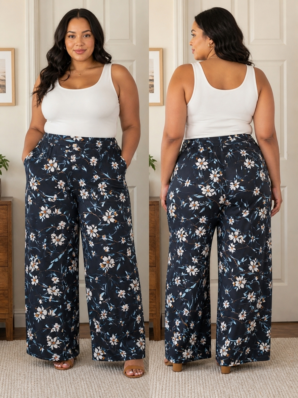 Arolina XXXL Wide-Leg Navy Floral Pull-On Pants